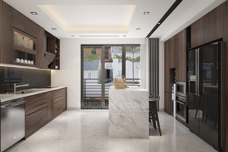 Trang trí phòng bếp hiện đại ấn tượng với gỗ veneer cao cấp. thiết kế biệt thự