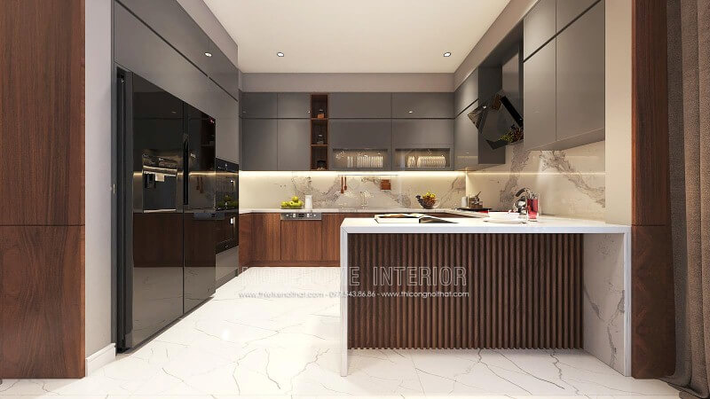 Thiết kế nội thất phòng bếp độc đáo từ gỗ acrylic cao cấp kết hợp cùng đá ốp bếp sang trọng. thiết kế biệt thự