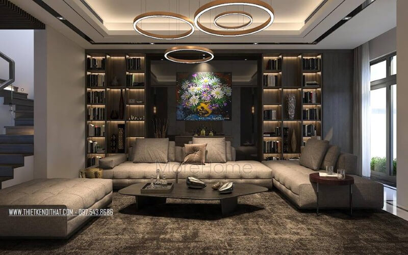 Thiết kế nội thất phòng khách hiện đại, đẹp với bộ bàn ghế sofa lớn, kệ ốp tường, tranh treo tường. Thiết kế biệt thự