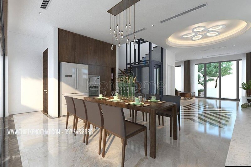 Thiết kế phòng ăn biệt thự cao cấp với bộ bàn ăn gỗ tự nhiên tạo điểm nhấn nổi bật cho không gian Thiết kế biệt thự