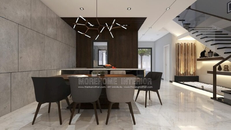 Thiết kế phòng ăn hiện đại độc đáo dành cho không gian rộng như nhà phố, biệt thự với ý tưởng thiết kế mở phòng ăn liền kề phòng khách, phòng bếp. thiết kế biệt thự