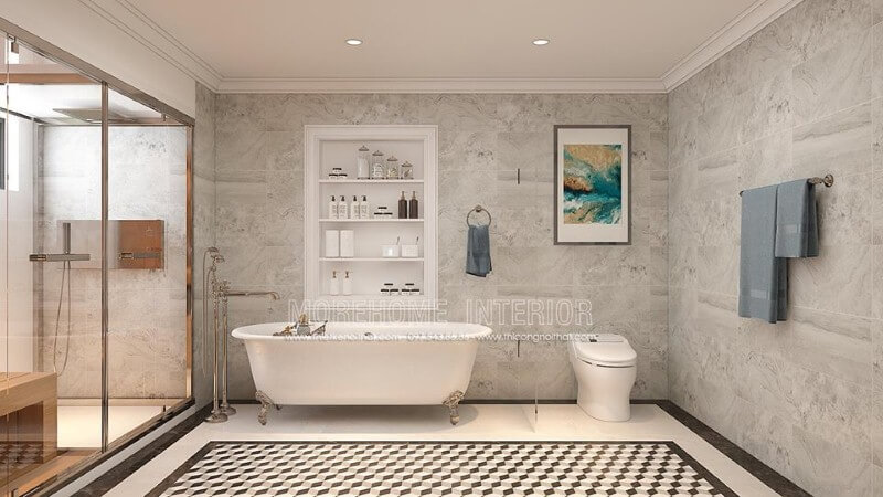 Bồn tắm độc lập Vitoria Hafele cao cấp kết hợp cùng cách bố trí khoa học, thẩm mỹ từ đá ốp tường, gạch lát nền giả cổ, vách tắm kính đã tạo nên không gian phòng tắm đẹp, sang trọng, độc đáo. thiết kế biệt thự