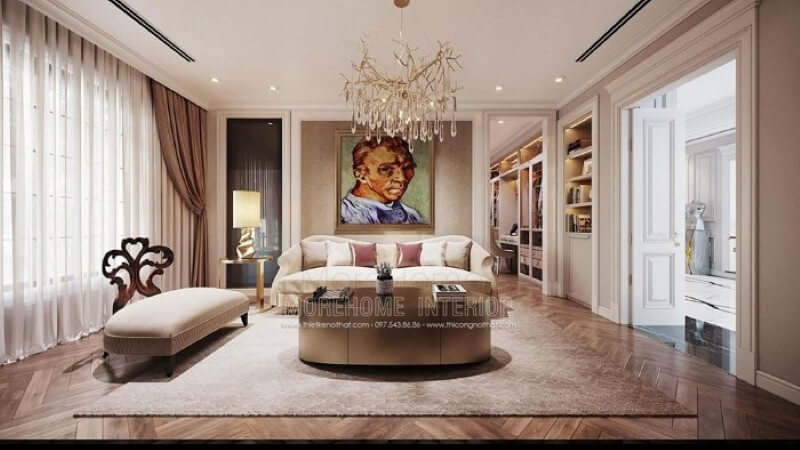 Tranh in canvas treo tường chân dung họa sĩ Van Gogh nổi tiếng tạo điểm nhấn ấn tượng cho phòng giải trí trong phòng ngủ. Thiết kế biệt thự