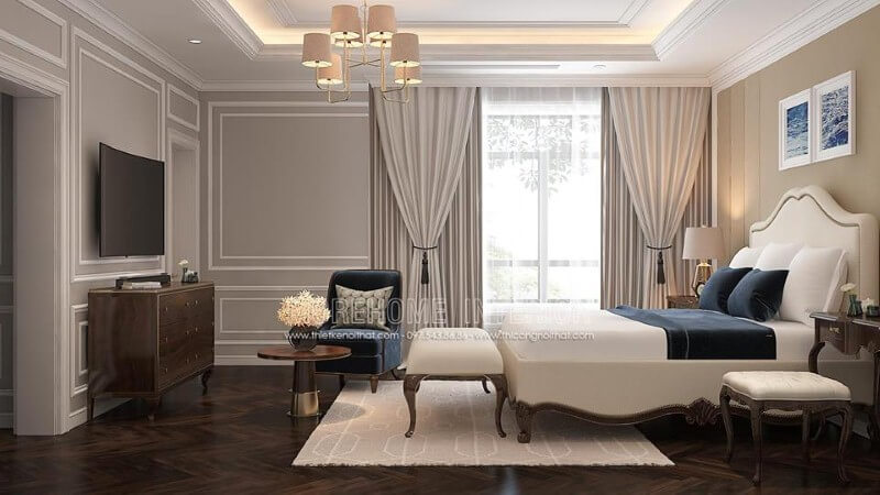 Thiết kế nội thất phòng ngủ master gỗ óc chó mang phong cách tân cổ điển sang trọng, độc đáo. Thiết kế biệt thự