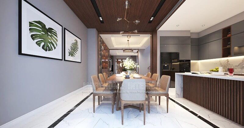 Bố trí nội thất phòng ăn liền bếp hiện đại đẹp sang trọng cho nhà phố, biệt thự tại Vinh, Nghệ An. Thiết kế biệt thự