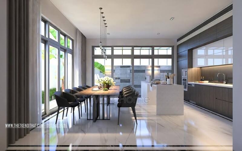 Sắp xếp nội thất phòng ăn liền bếp hiện đại, đẹp cho biệt thự, nhà phố. Thiết kế biệt thự