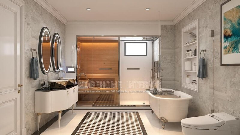Thiết kế nội thất phòng tắm tân cổ điển đẹp, sang trọng có phòng xông hơi, bồn tắm gia đình cao cấp. thiết kế biệt thự