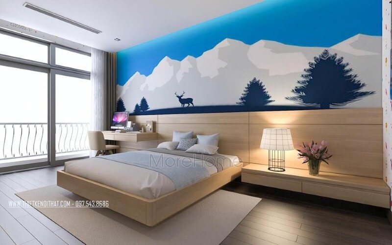 Gỗ ốp tường sáng màu kết hợp tranh dán tường thiên nhiên sinh động tạo điểm nhấn độc đáo cho phòng ngủ con trai thiết kế biệt thự