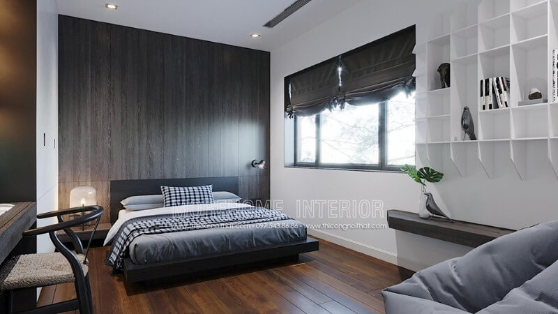 Tấm gỗ ốp tường độc đáo với đường vân đẹp mắt cùng gỗ tối màu tạo nên vẻ đẹp cuốn hút trong cách trang trí phòng ngủ hiện đại. thiết kế biệt thự