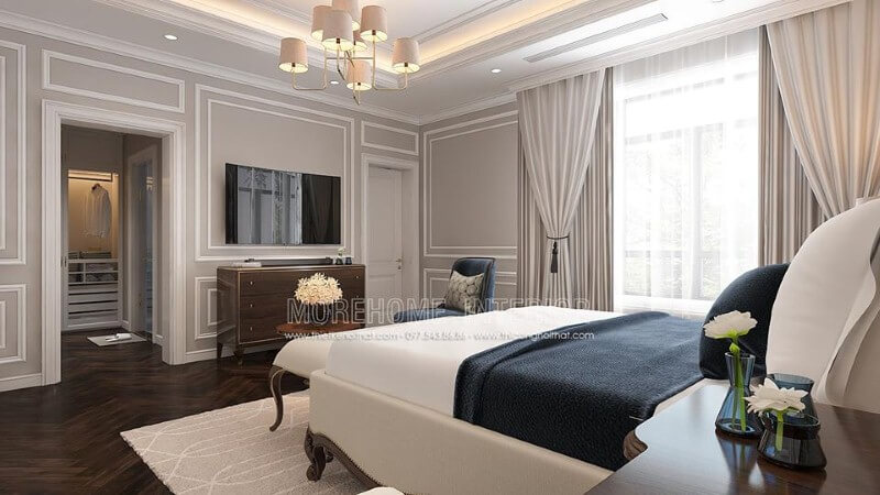 Thiết kế nội thất phòng ngủ tân cổ điển có tủ quần áo đối diện giường ngủ khoa học, phong thủy. thiết kế biệt thự