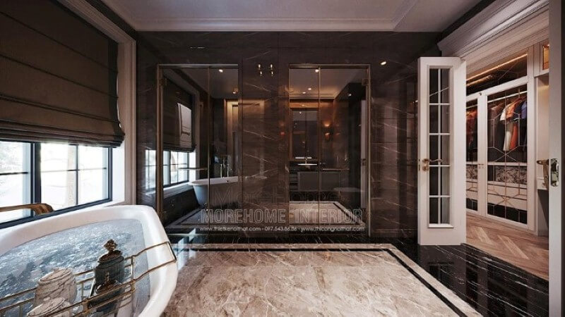 Sắp xếp nội thất phòng tắm có bồn đẹp, sang trọng. Thiết kế nội thất