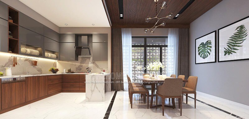 Bố trí nội thất phòng bếp liền phòng ăn đẹp, hiện đại, sang trọng cho biệt thự, nhà phố tại Vinh, Nghệ An. Thiết kế nội thất