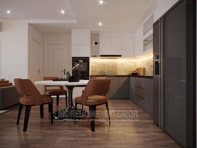Mẫu tủ bếp gỗ công nghiệp Acrylic góp phần tạo nên sự sang trọng và tinh tế cho phòng bếp.